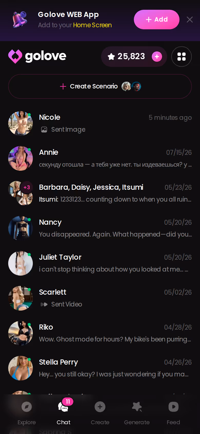 Mobile GoLove.ai chats list with last-message previews — big tit ai porn
