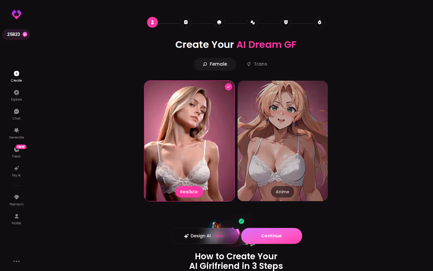 GoLove.ai Create wizard start screen with Realistic, Anime, Trans and Design with AI options