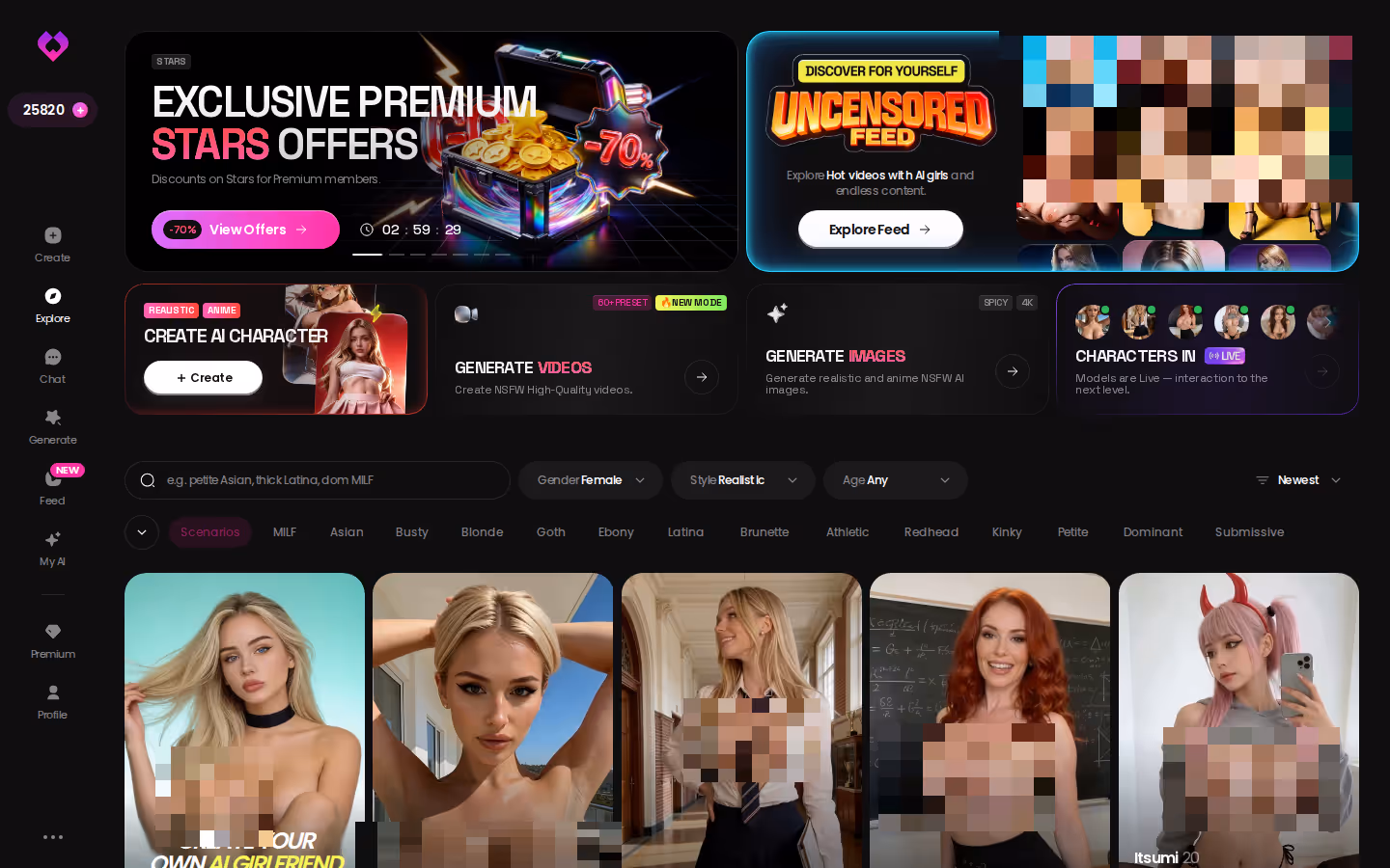 GoLove Explore grid with tag filters narrowing realistic characters