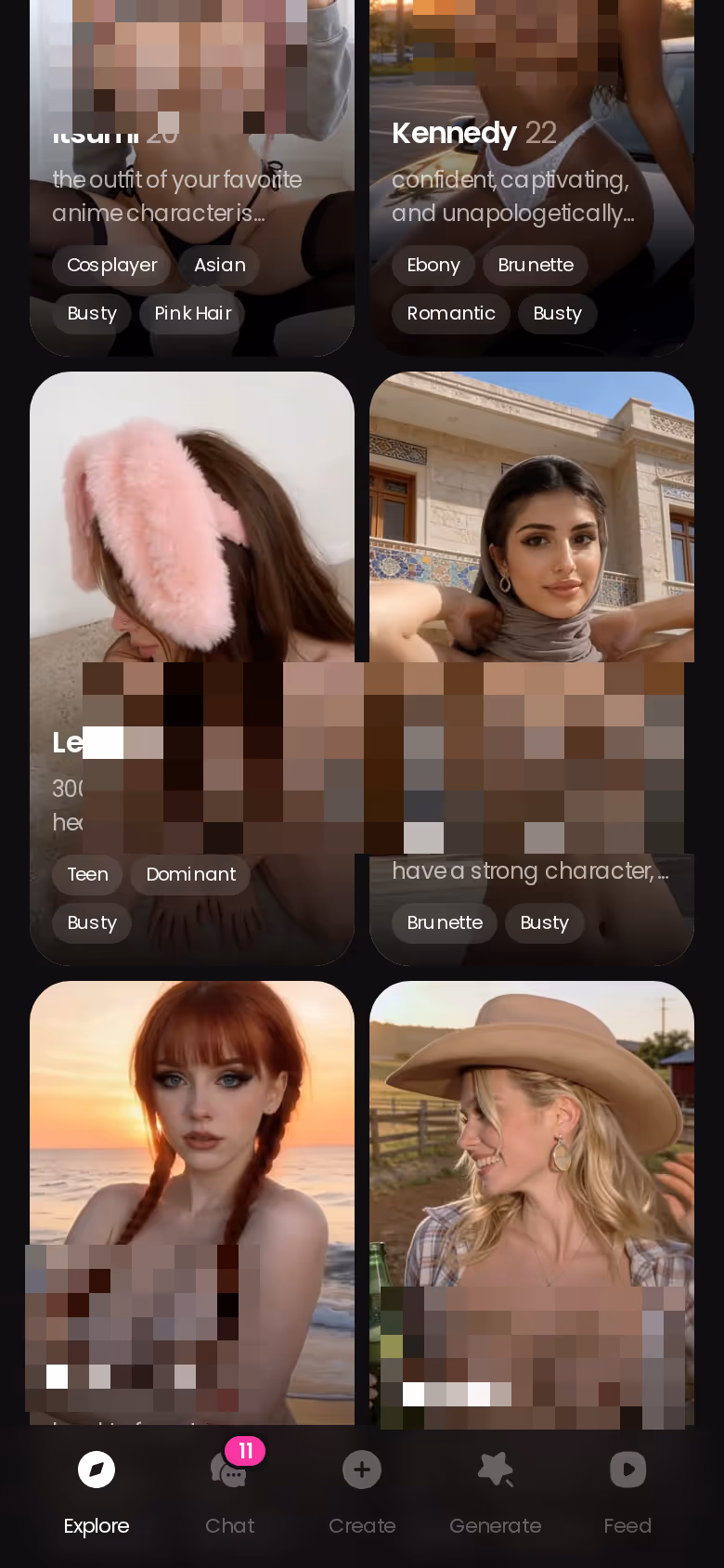 GoLove.ai Explore page on mobile with realistic characters ready to chat