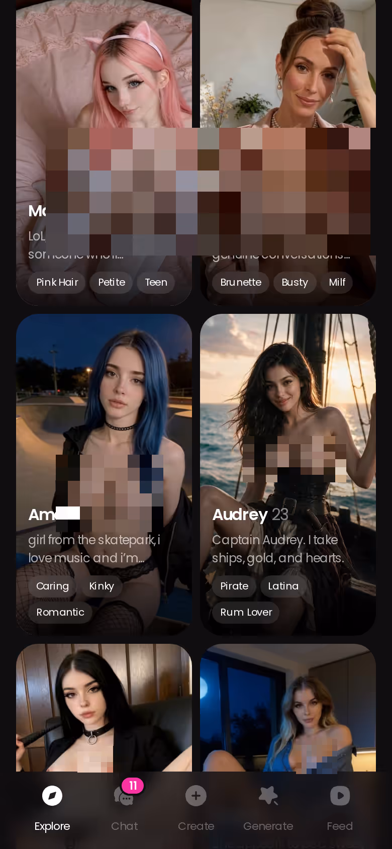 GoLove.ai Explore page on mobile showing realistic AI girlfriend characters