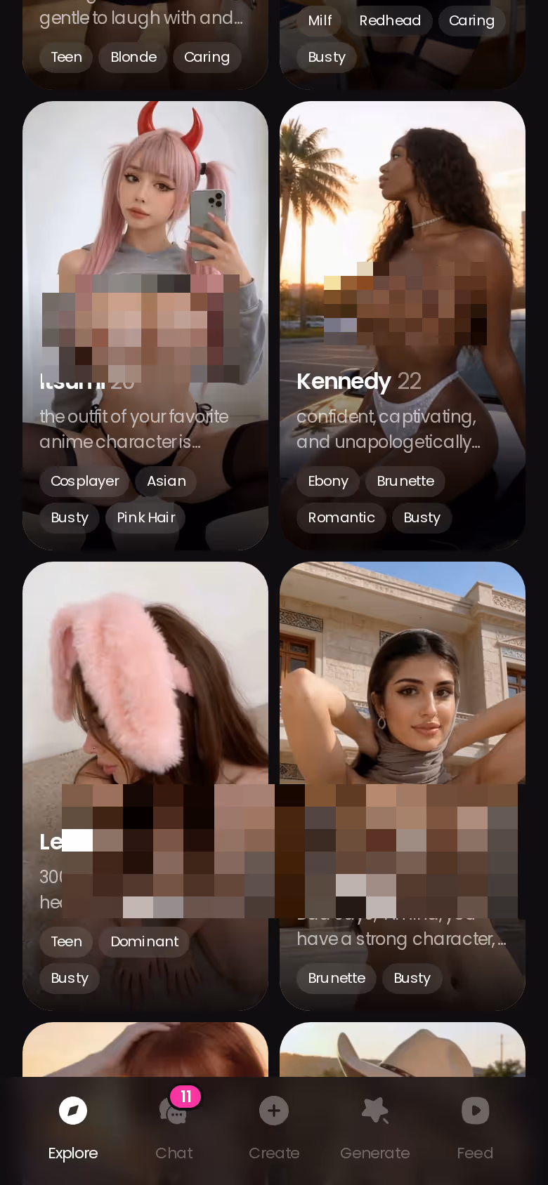 GoLove.ai mobile explore roster showing many realistic AI characters to start a scene with