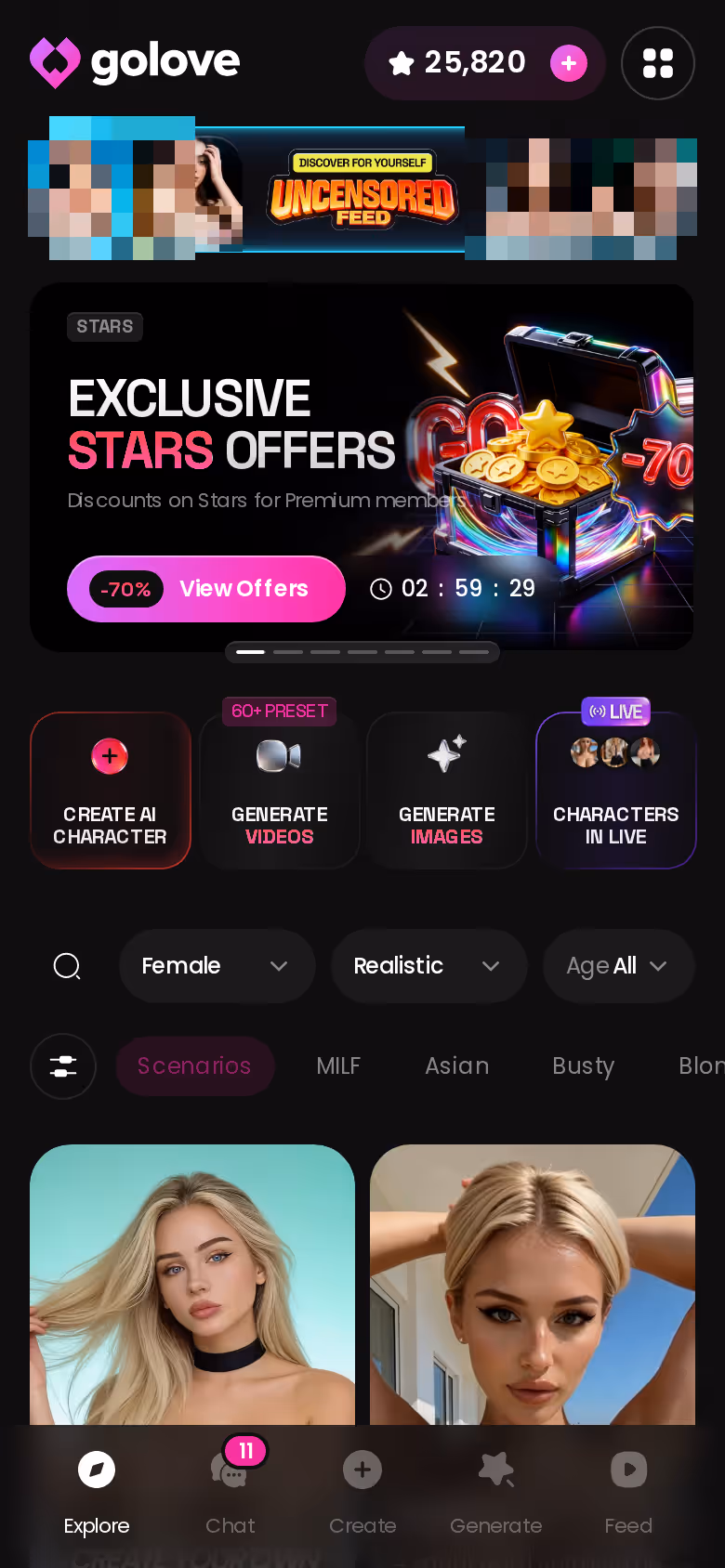 Mobile GoLove.ai Explore page with banners and character grid — ai doggystyle