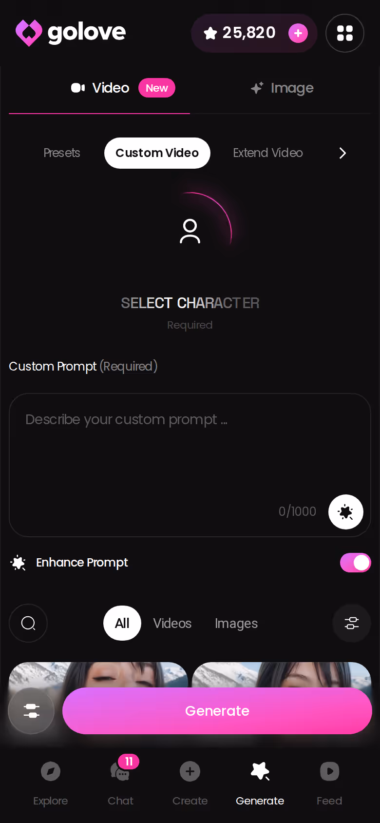 GoLove mobile video generator with preset action cards
