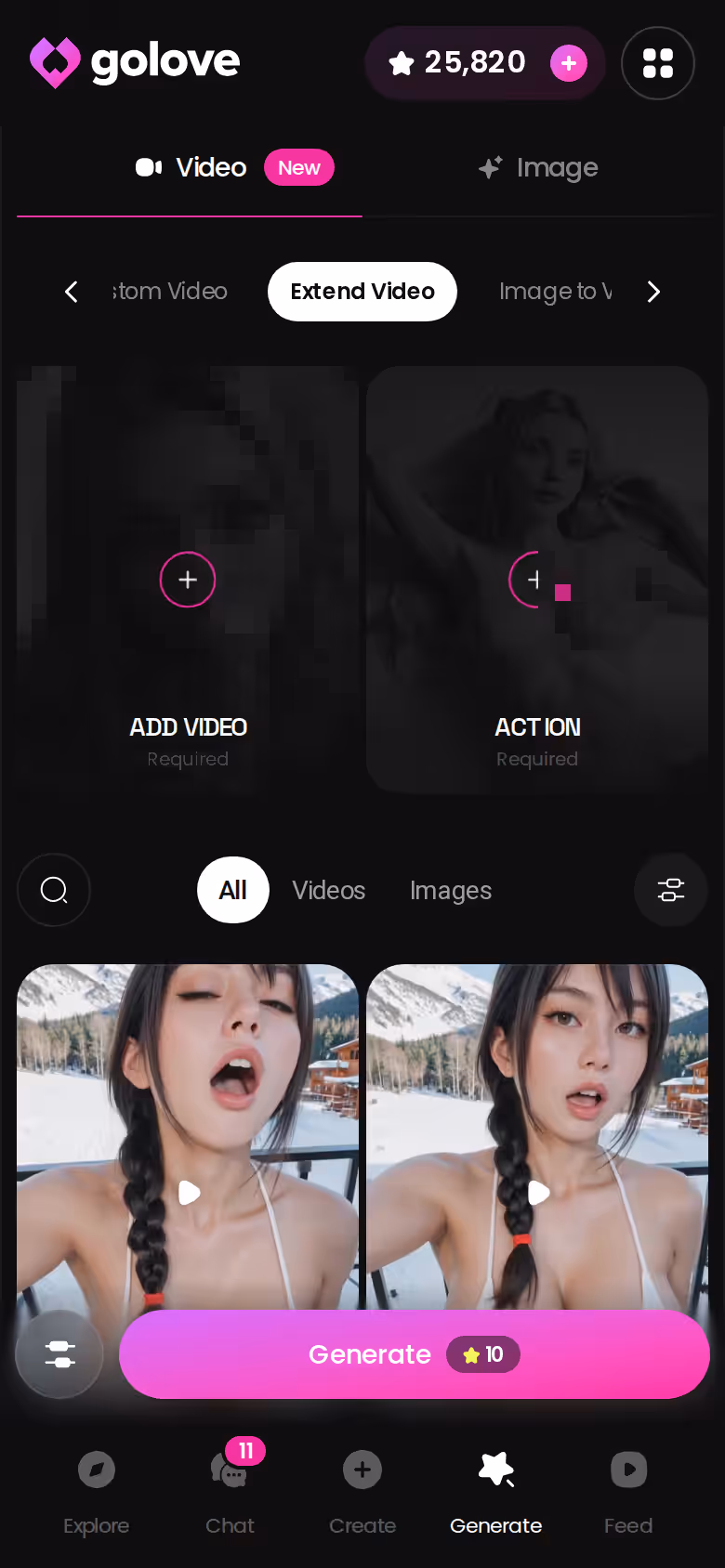 GoLove.ai video generator on mobile with the extend video option