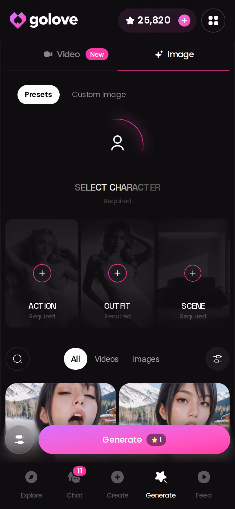 GoLove.ai Generate tab in Image mode on mobile with pose, outfit and background presets stacked for a one-tap render