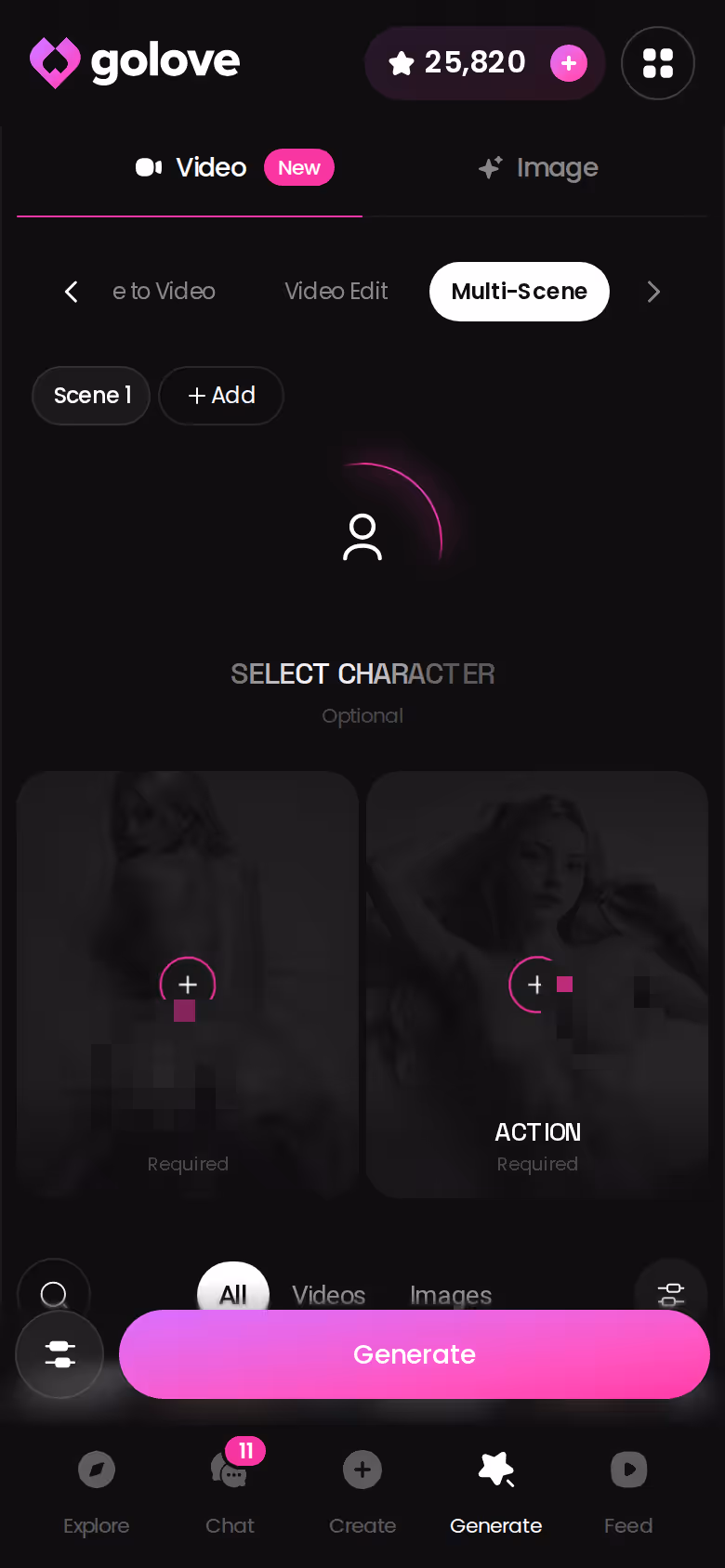 GoLove.ai mobile generator with pose, outfit and background preset cards