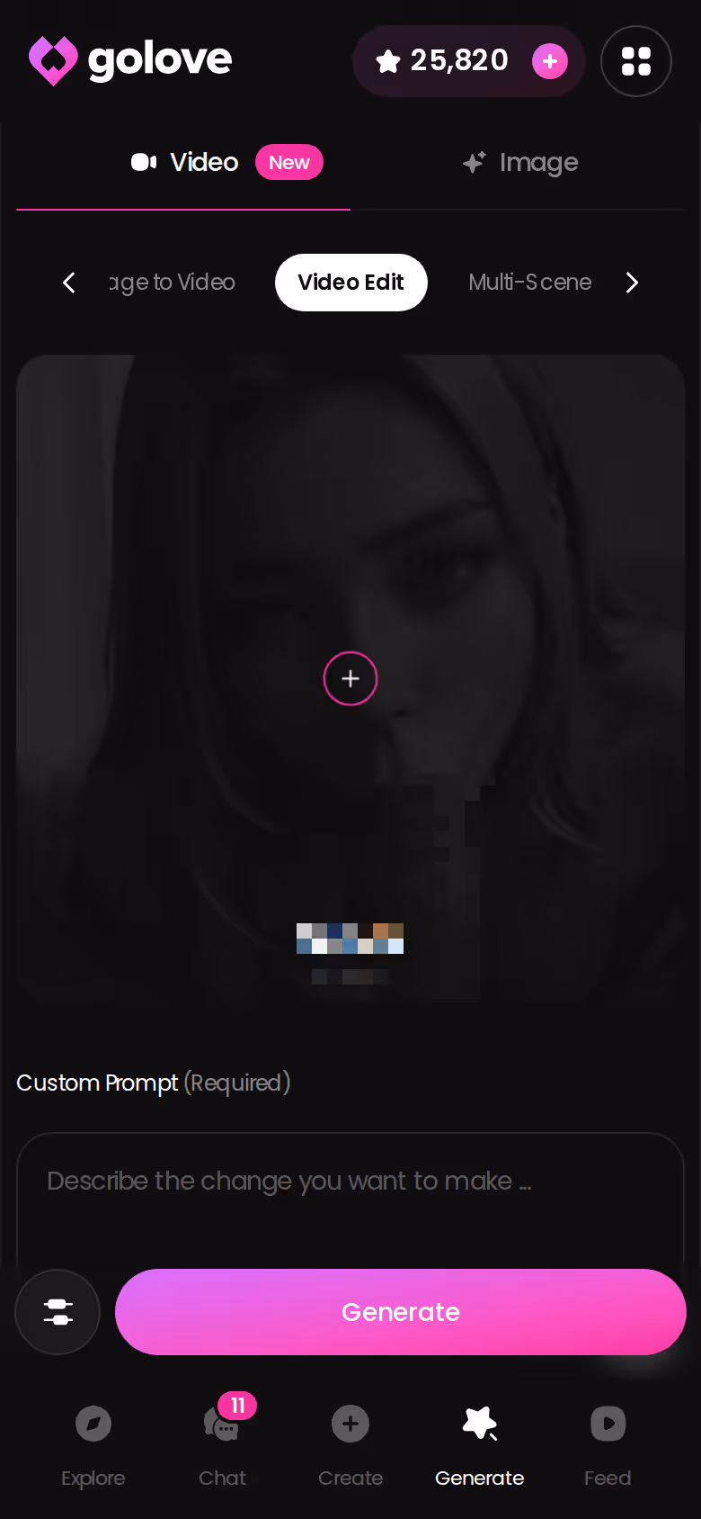 GoLove.ai Video Edit screen on mobile for adjusting an existing AI clip
